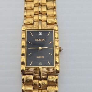 Women's Elgin Diamond Watch Gold Tank Style Fancy Links Black Dial Vintage 80's